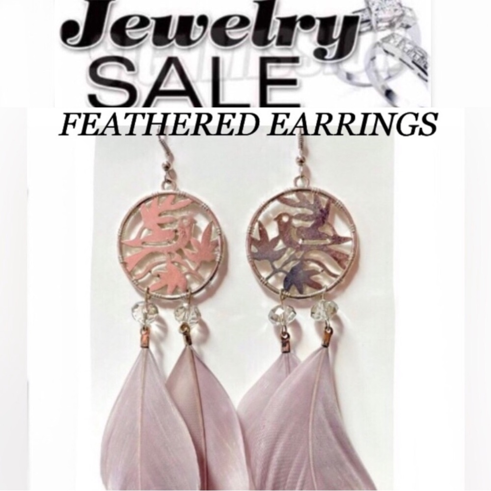 Feather EARINGS Women Faux Dangle Hook Long Drop w/medallion size4in L NWOT